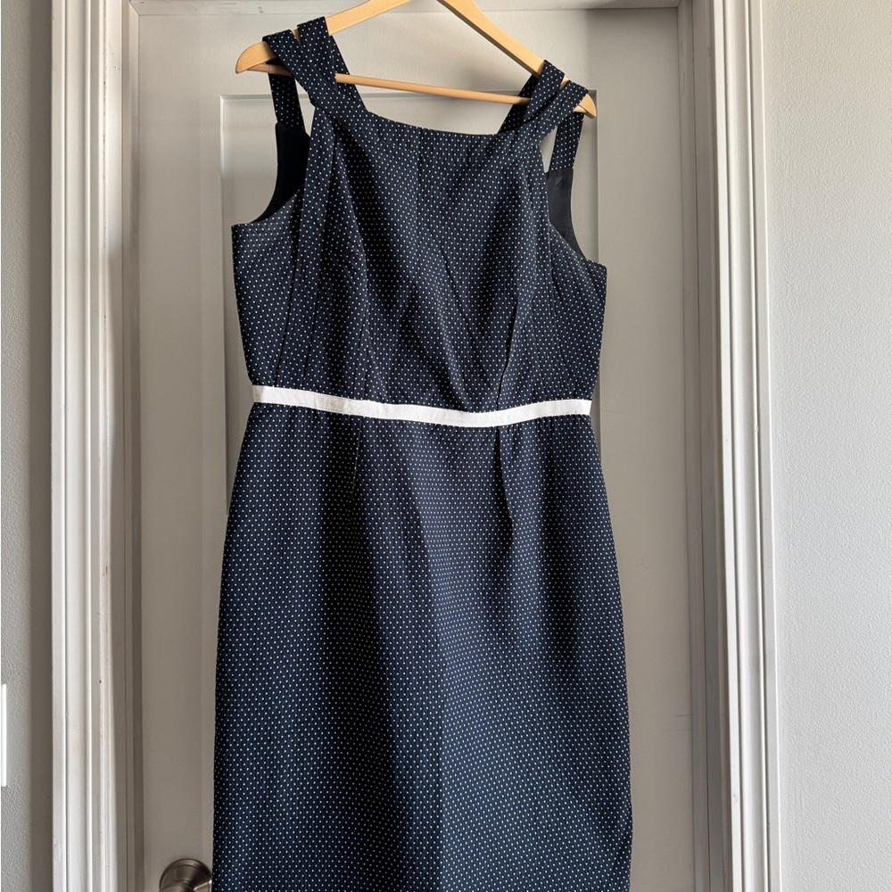 David Meister Navy Polka Dot Sheath Dress Size 14 Classic White Waist Detail